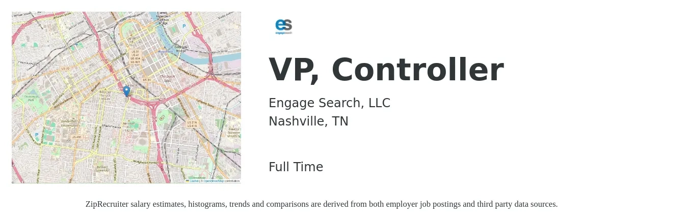 Engage Search, LLC job posting for a VP, Controller in Nashville, TN with a salary of $111,100 to $183,500 Yearly with a map of Nashville location.