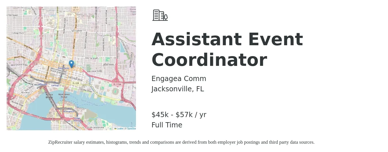 Engagea Comm job posting for a Assistant Event Coordinator in Jacksonville, FL with a salary of $45,000 to $57,000 Yearly with a map of Jacksonville location.