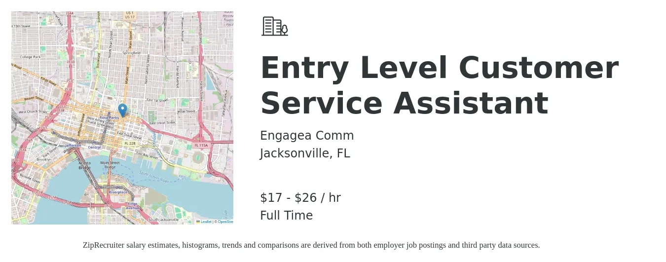 Engagea Comm job posting for a Entry Level Customer Service Assistant in Jacksonville, FL with a salary of $20 to $30 Hourly with a map of Jacksonville location.