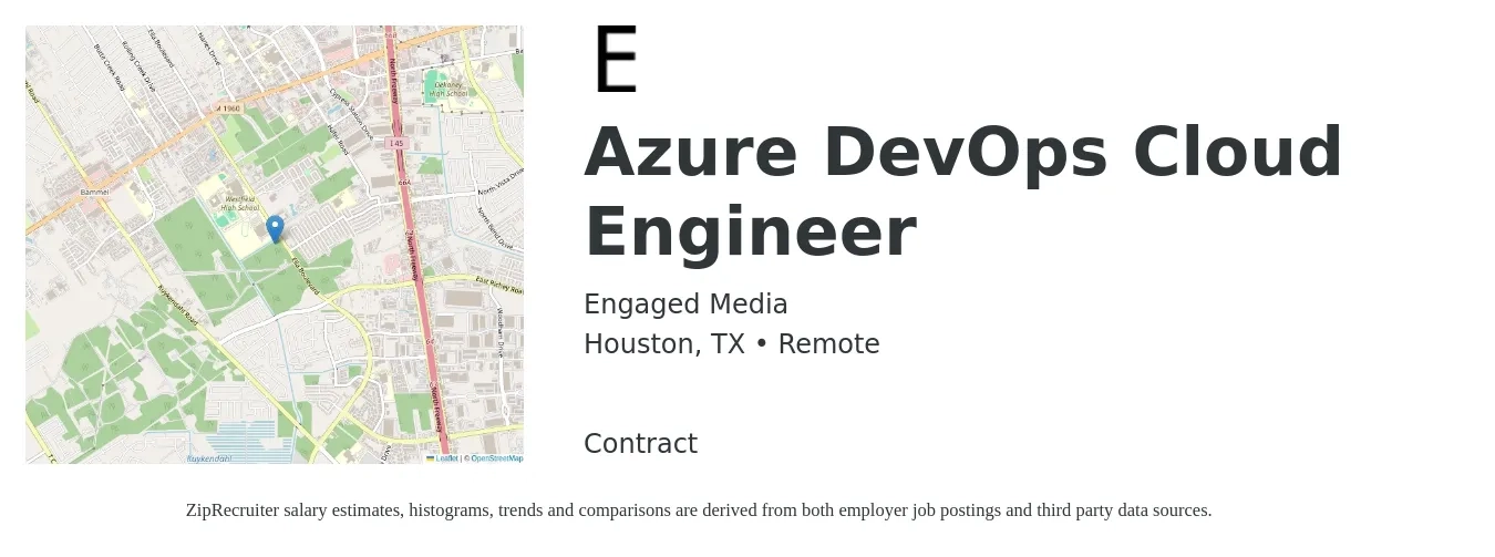 Engaged Media job posting for a Azure DevOps Cloud Engineer in Houston, TX with a salary of $50 to $69 Hourly with a map of Houston location.