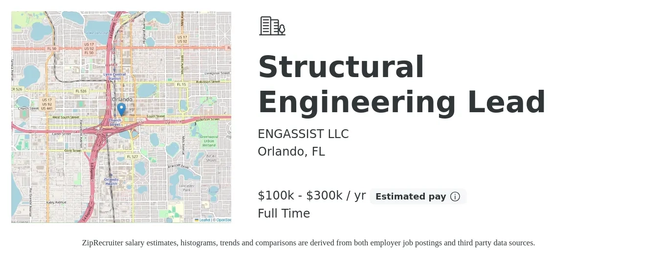 ENGASSIST LLC job posting for a Structural Engineering Lead in Orlando, FL with a salary of $100,000 to $300,000 Yearly with a map of Orlando location.