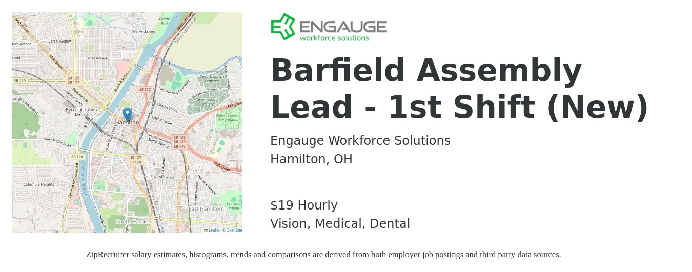 Engauge Workforce Solutions job posting for a Barfield Assembly Lead - 1st Shift (New) in Hamilton, OH with a salary of $20 Hourly and benefits including retirement, vision, dental, life_insurance, and medical with a map of Hamilton location.