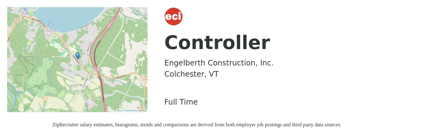 Engelberth Construction, Inc. job posting for a Controller in Colchester, VT with a salary of $100,100 to $142,900 Yearly with a map of Colchester location.