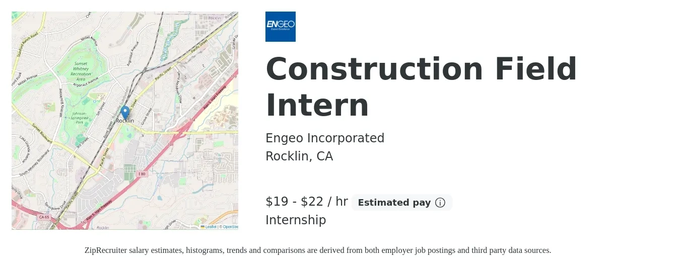 ENGEO Incorporated job posting for a Construction Field Intern in Rocklin, CA with a salary of $20 to $23 Hourly with a map of Rocklin location.