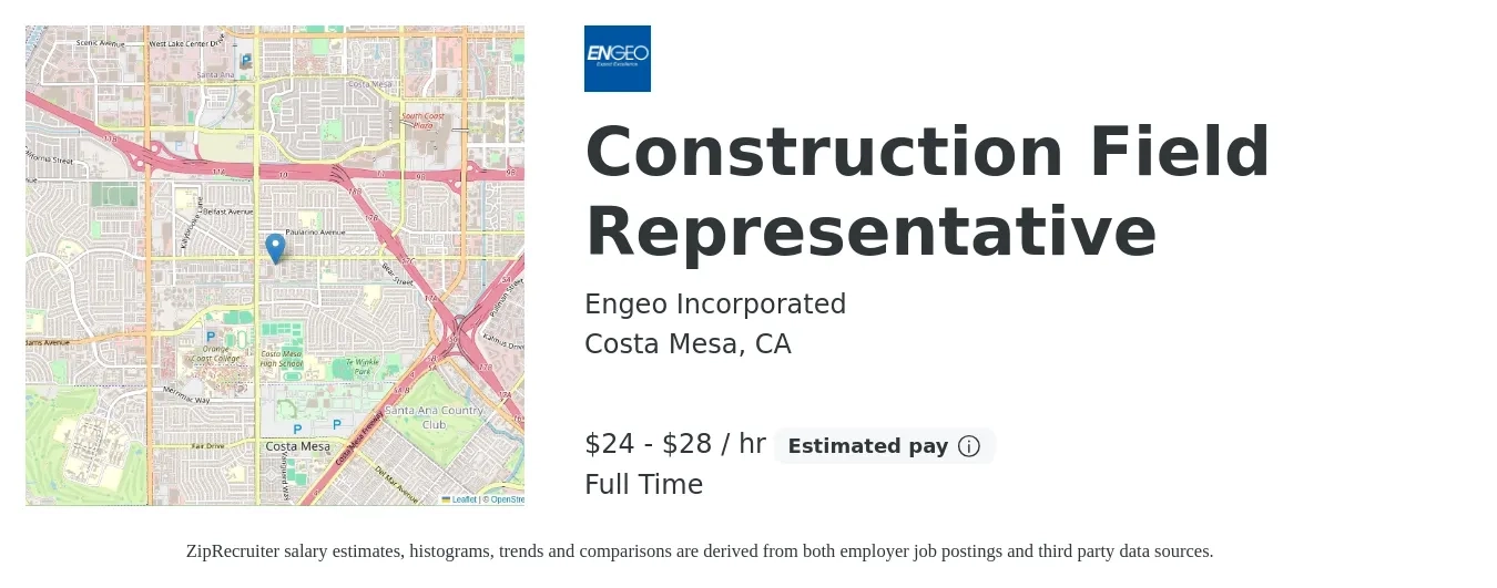 Engeo Incorporated job posting for a Construction Field Representative in Costa Mesa, CA with a salary of $25 to $30 Hourly with a map of Costa Mesa location.