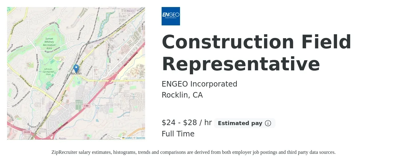 ENGEO Incorporated job posting for a Construction Field Representative in Rocklin, CA with a salary of $25 to $30 Hourly with a map of Rocklin location.