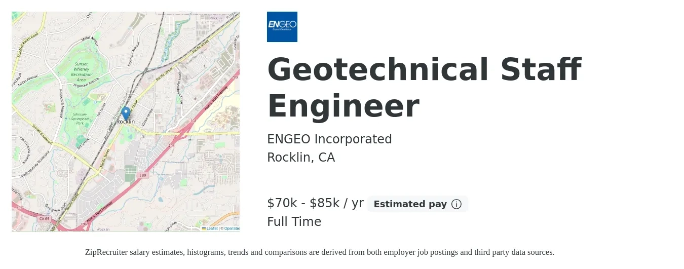 ENGEO Incorporated job posting for a Geotechnical Staff Engineer in Rocklin, CA with a salary of $70,000 to $85,000 Yearly with a map of Rocklin location.