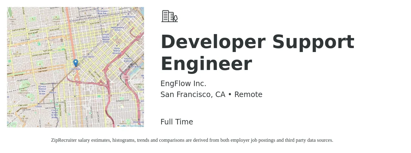 EngFlow Inc. job posting for a Developer Support Engineer in San Francisco, CA with a salary of $162,600 Yearly with a map of San Francisco location.