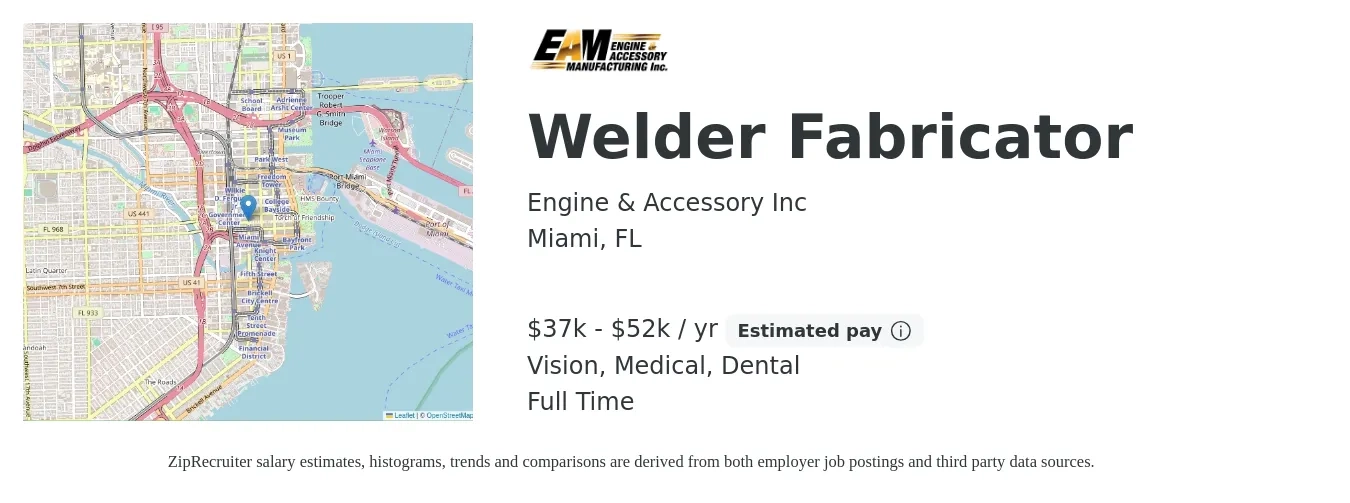 Engine & Accessory Inc job posting for a Welder Fabricator in Miami, FL with a salary of $37,128 to $52,000 Yearly and benefits including dental, life_insurance, medical, pto, retirement, and vision with a map of Miami location.