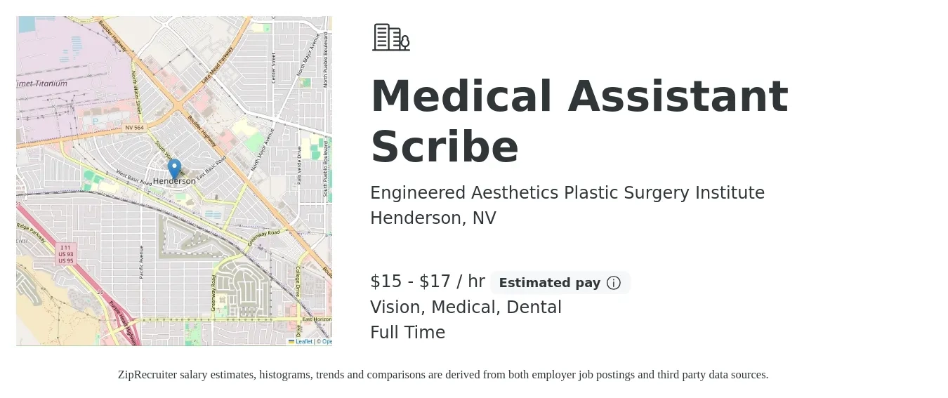 Engineered Aesthetics Plastic Surgery Institute job posting for a Medical Assistant Scribe in Henderson, NV with a salary of $16 to $18 Hourly and benefits including dental, medical, and vision with a map of Henderson location.