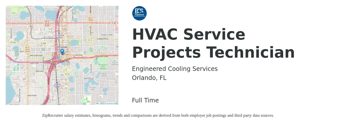 Engineered Cooling Services job posting for a HVAC Service Projects Technician in Orlando, FL with a salary of $23 to $33 Hourly with a map of Orlando location.
