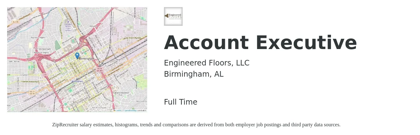 Engineered Floors, LLC job posting for a Account Executive in Birmingham, AL with a salary of $50,600 to $89,000 Yearly with a map of Birmingham location.