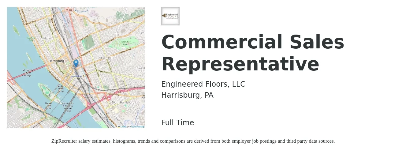 Engineered Floors, LLC job posting for a Commercial Sales Representative in Harrisburg, PA with a salary of $44,900 to $65,200 Yearly with a map of Harrisburg location.