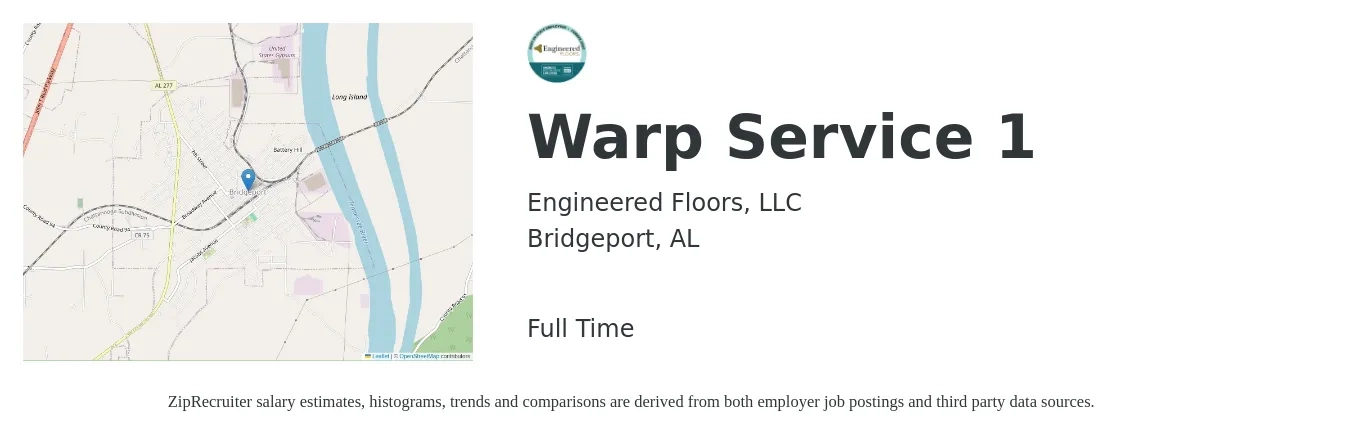Engineered Floors, LLC job posting for a Warp Service 1 in Bridgeport, AL with a salary of $20 to $27 Hourly with a map of Bridgeport location.