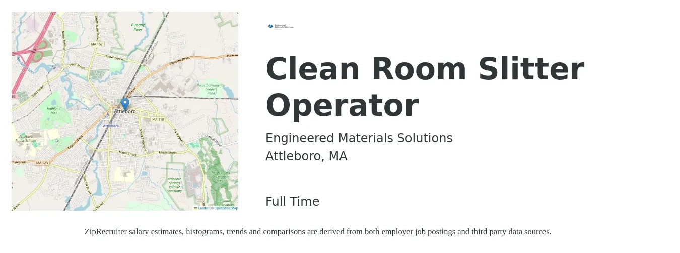 Engineered Materials Solutions job posting for a Clean Room Slitter Operator in Attleboro, MA with a salary of $19 to $28 Hourly with a map of Attleboro location.