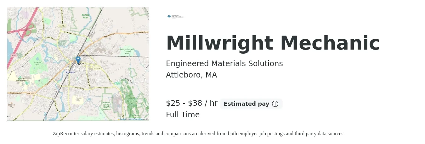 Engineered Materials Solutions job posting for a Millwright Mechanic in Attleboro, MA with a salary of $27 to $40 Hourly with a map of Attleboro location.