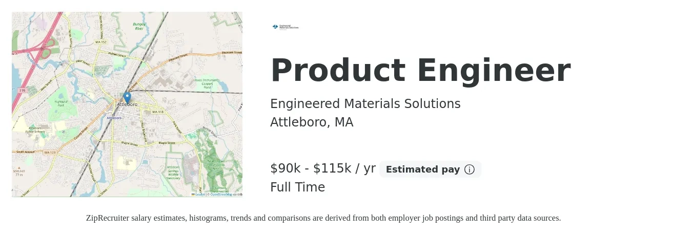 Engineered Materials Solutions job posting for a Product Engineer in Attleboro, MA with a salary of $90,000 to $115,000 Yearly with a map of Attleboro location.
