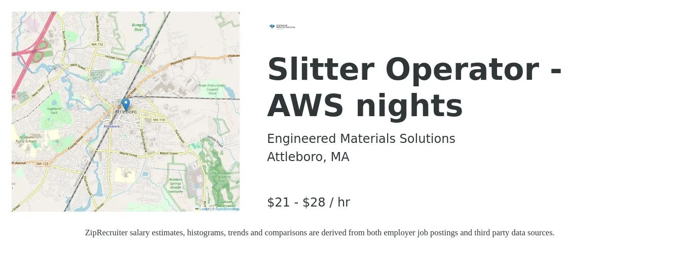 Engineered Materials Solutions job posting for a Slitter Operator - AWS nights in Attleboro, MA with a salary of $23 to $30 Hourly with a map of Attleboro location.
