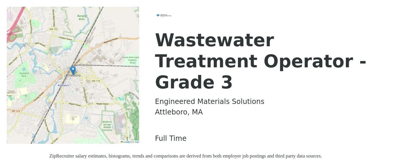 Engineered Materials Solutions job posting for a Wastewater Treatment Operator - Grade 3 in Attleboro, MA with a salary of $25 to $29 Hourly with a map of Attleboro location.