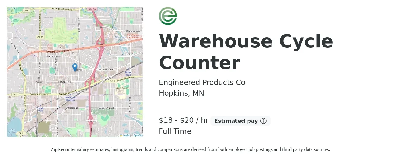 Engineered Products Co job posting for a Warehouse Cycle Counter in Hopkins, MN with a salary of $19 to $21 Hourly with a map of Hopkins location.