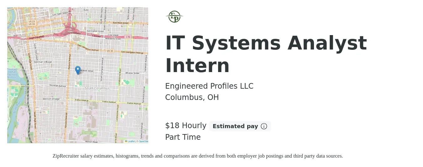 Engineered Profiles LLC job posting for a IT Systems Analyst Intern in Columbus, OH with a salary of $19 Hourly with a map of Columbus location.