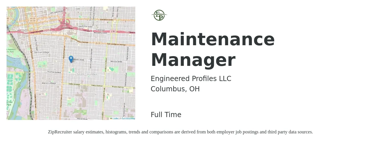 Engineered Profiles LLC job posting for a Maintenance Manager in Columbus, OH with a salary of $23 to $38 Hourly with a map of Columbus location.
