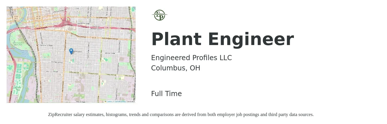 Engineered Profiles LLC job posting for a Plant Engineer in Columbus, OH with a salary of $75,800 to $115,900 Yearly with a map of Columbus location.