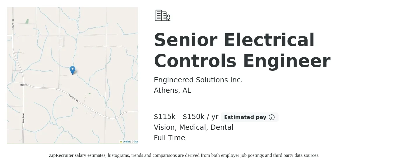 Engineered Solutions Inc. job posting for a Senior Electrical Controls Engineer in Athens, AL with a salary of $115,000 to $150,000 Yearly and benefits including vision, dental, life_insurance, medical, pto, and retirement with a map of Athens location.