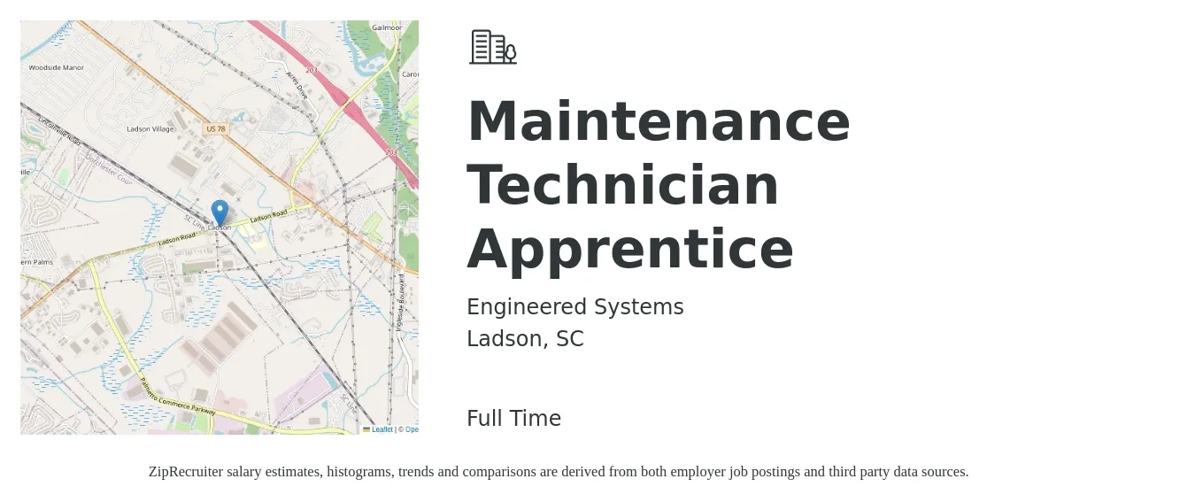 Engineered Systems job posting for a Maintenance Technician Apprentice in Ladson, SC with a salary of $16 to $21 Hourly with a map of Ladson location.