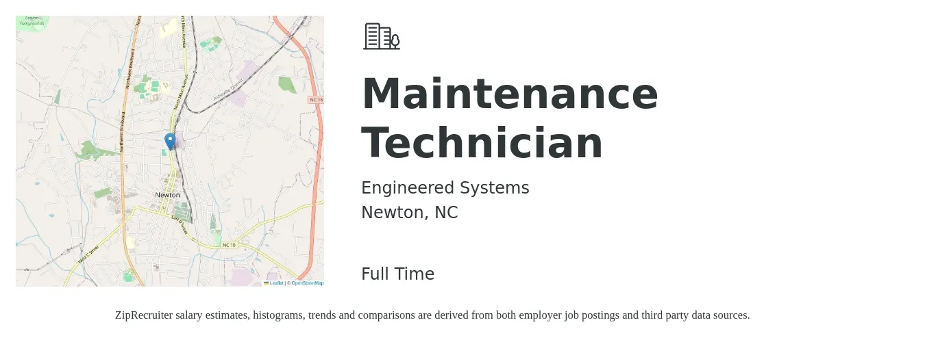 Engineered Systems job posting for a Maintenance Technician in Newton, NC with a salary of $18 to $25 Hourly with a map of Newton location.