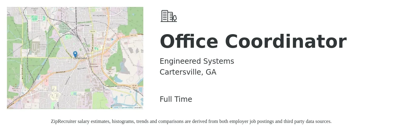 Engineered Systems job posting for a Office Coordinator in Cartersville, GA with a salary of $16 to $21 Hourly with a map of Cartersville location.