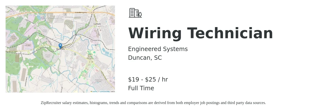 Engineered Systems job posting for a Wiring Technician in Duncan, SC with a salary of $20 to $26 Hourly with a map of Duncan location.
