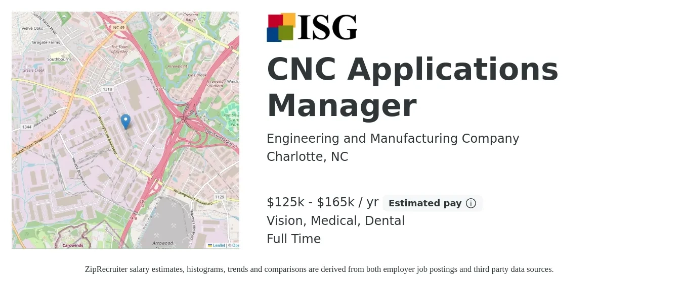 Engineering and Manufacturing Company job posting for a CNC Applications Manager in Charlotte, NC with a salary of $125,000 to $165,000 Yearly and benefits including dental, life_insurance, medical, pto, retirement, and vision with a map of Charlotte location.
