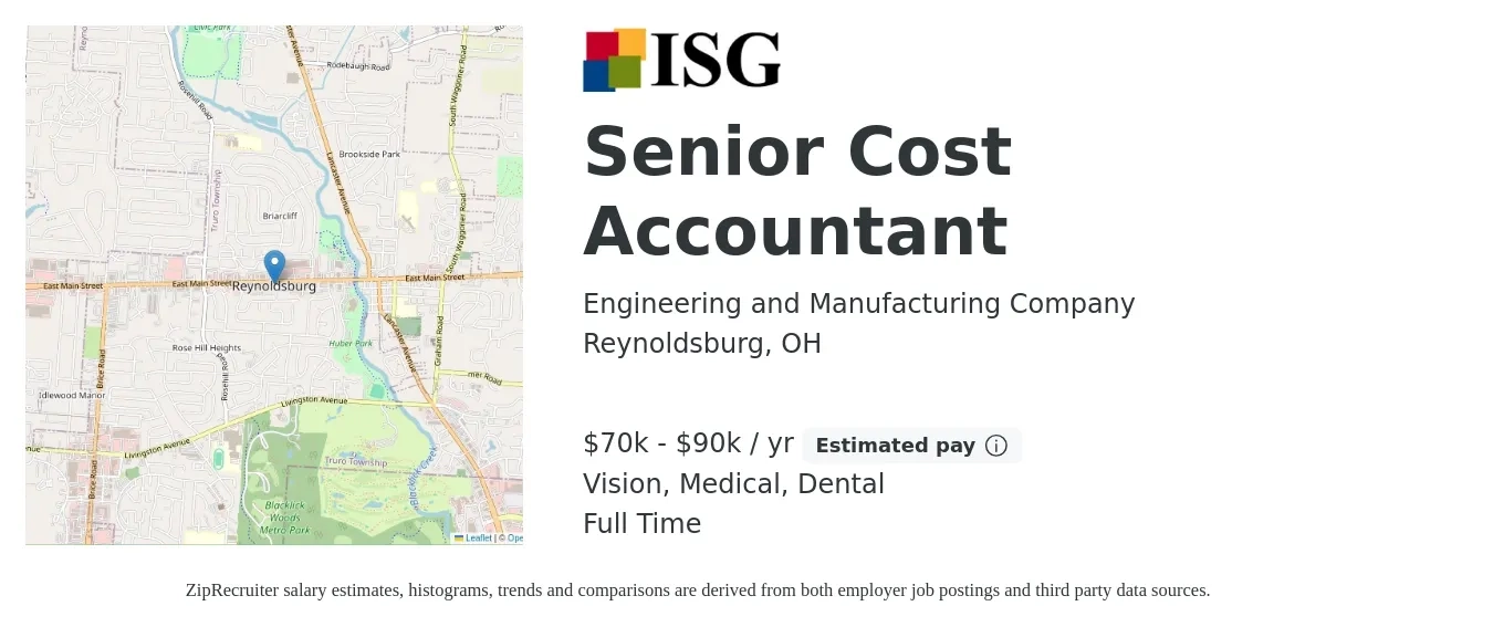 Engineering and Manufacturing Company job posting for a Senior Cost Accountant in Reynoldsburg, OH with a salary of $70,000 to $90,000 Yearly and benefits including medical, pto, retirement, vision, dental, and life_insurance with a map of Reynoldsburg location.