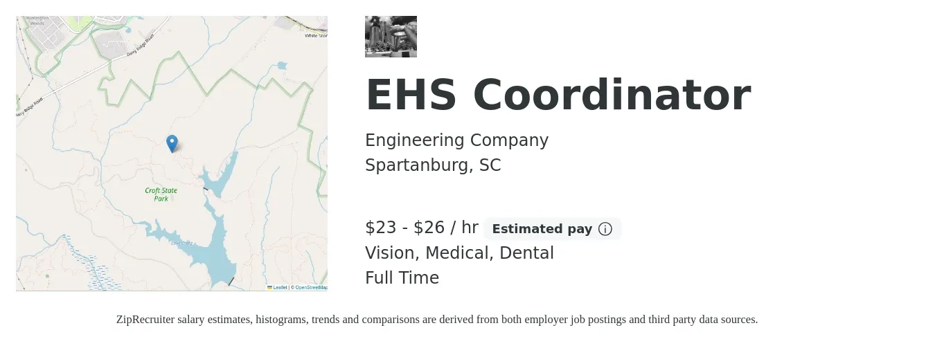 Engineering Company job posting for a EHS Coordinator in Spartanburg, SC with a salary of $30 to $40 Hourly and benefits including vision, dental, life_insurance, medical, pto, and retirement with a map of Spartanburg location.