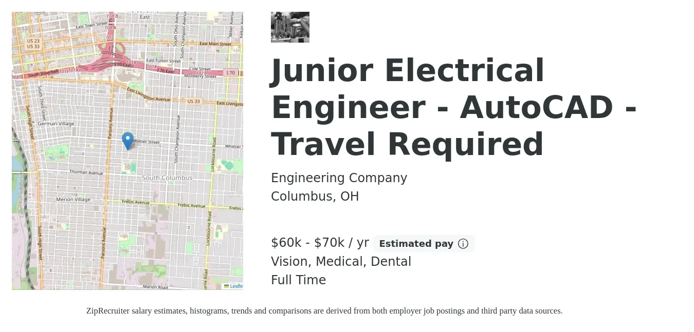 Engineering Company job posting for a Junior Electrical Engineer - AutoCAD - Travel Required in Columbus, OH with a salary of $60,000 to $70,000 Yearly and benefits including retirement, vision, dental, life_insurance, and medical with a map of Columbus location.