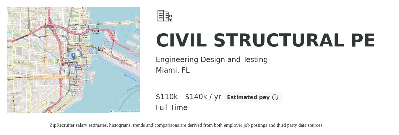 Engineering Design and Testing job posting for a CIVIL STRUCTURAL PE in Miami, FL with a salary of $110,000 to $140,000 Yearly with a map of Miami location.