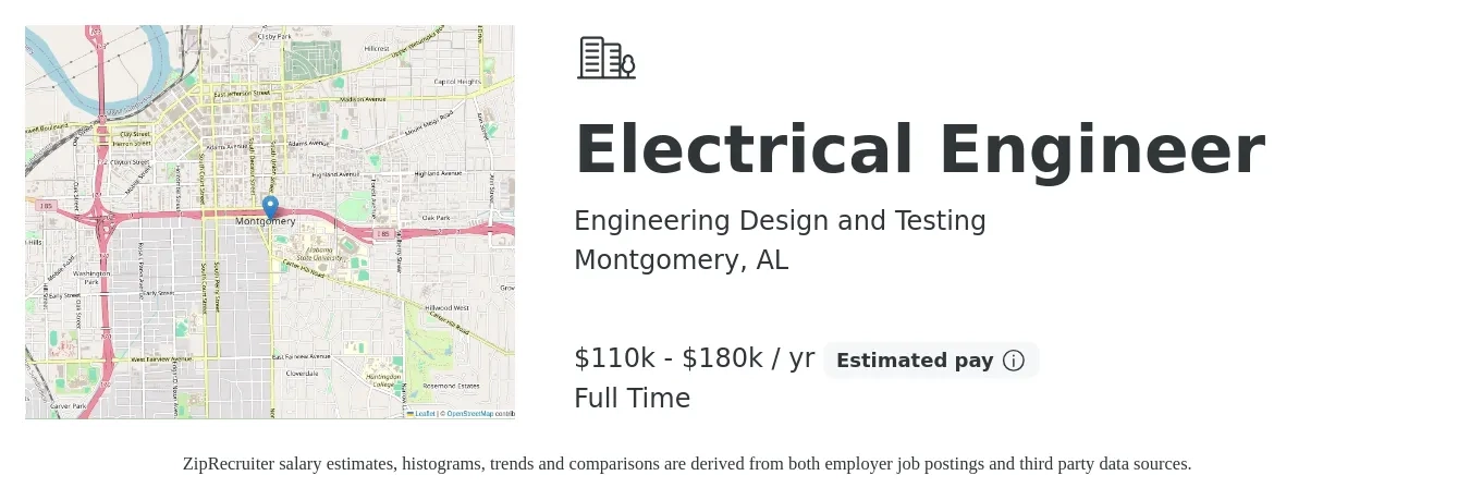 Engineering Design and Testing job posting for a Electrical Engineer in Montgomery, AL with a salary of $110,000 to $180,000 Yearly with a map of Montgomery location.