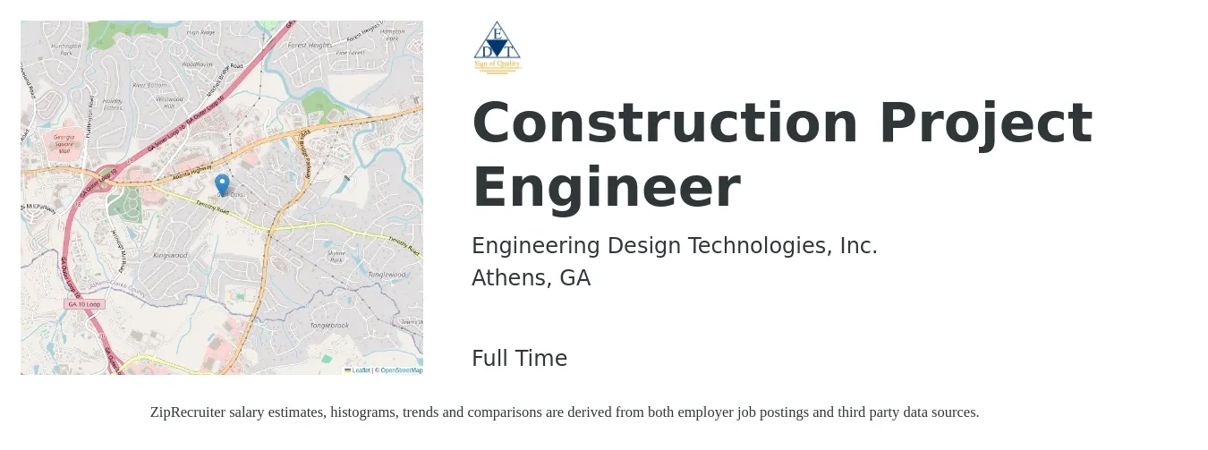 Engineering Design Technologies, Inc. job posting for a Construction Project Engineer in Athens, GA with a salary of $66,600 to $85,500 Yearly with a map of Athens location.