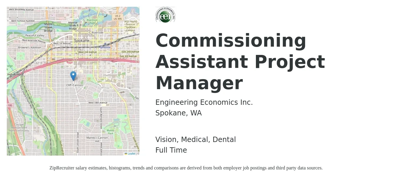 Engineering Economics Inc. job posting for a Commissioning Assistant Project Manager in Spokane, WA with a salary of $54,100 to $89,000 Yearly and benefits including dental, life_insurance, medical, retirement, and vision with a map of Spokane location.