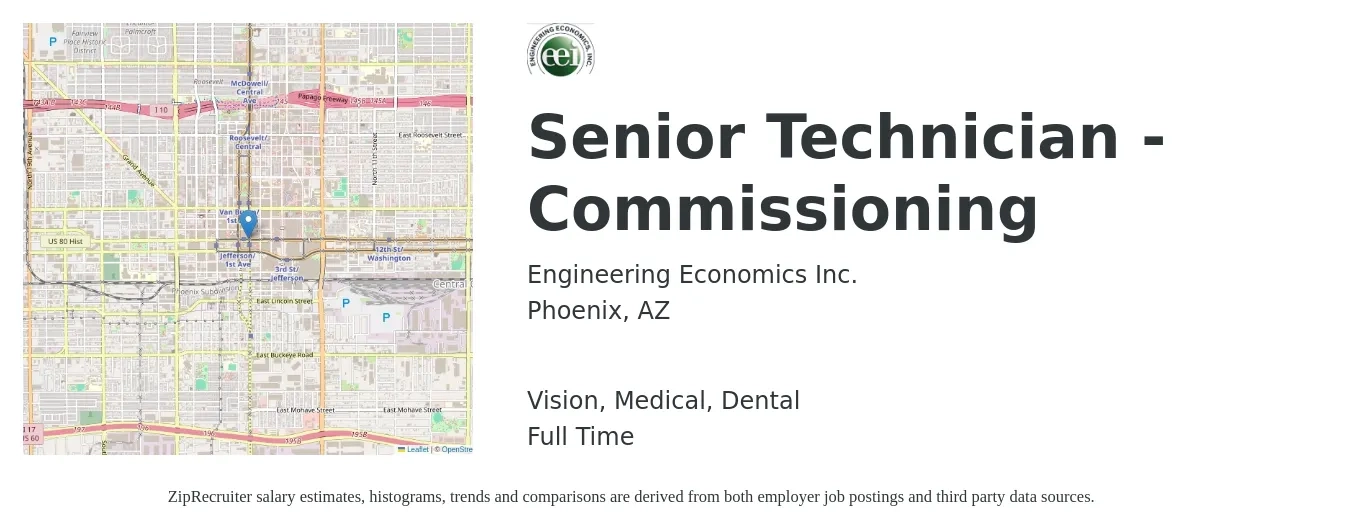 Engineering Economics Inc. job posting for a Senior Technician - Commissioning in Phoenix, AZ with a salary of $22 to $34 Hourly and benefits including dental, life_insurance, medical, retirement, and vision with a map of Phoenix location.