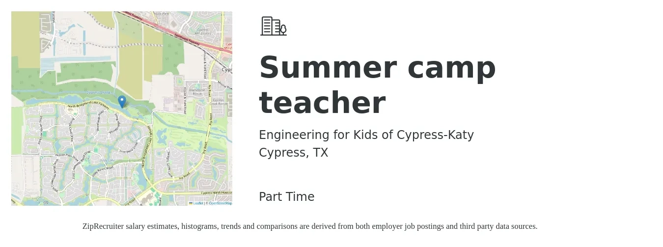 Engineering for Kids of Cypress-Katy job posting for a Summer camp teacher in Cypress, TX with a salary of $12 to $16 Hourly with a map of Cypress location.