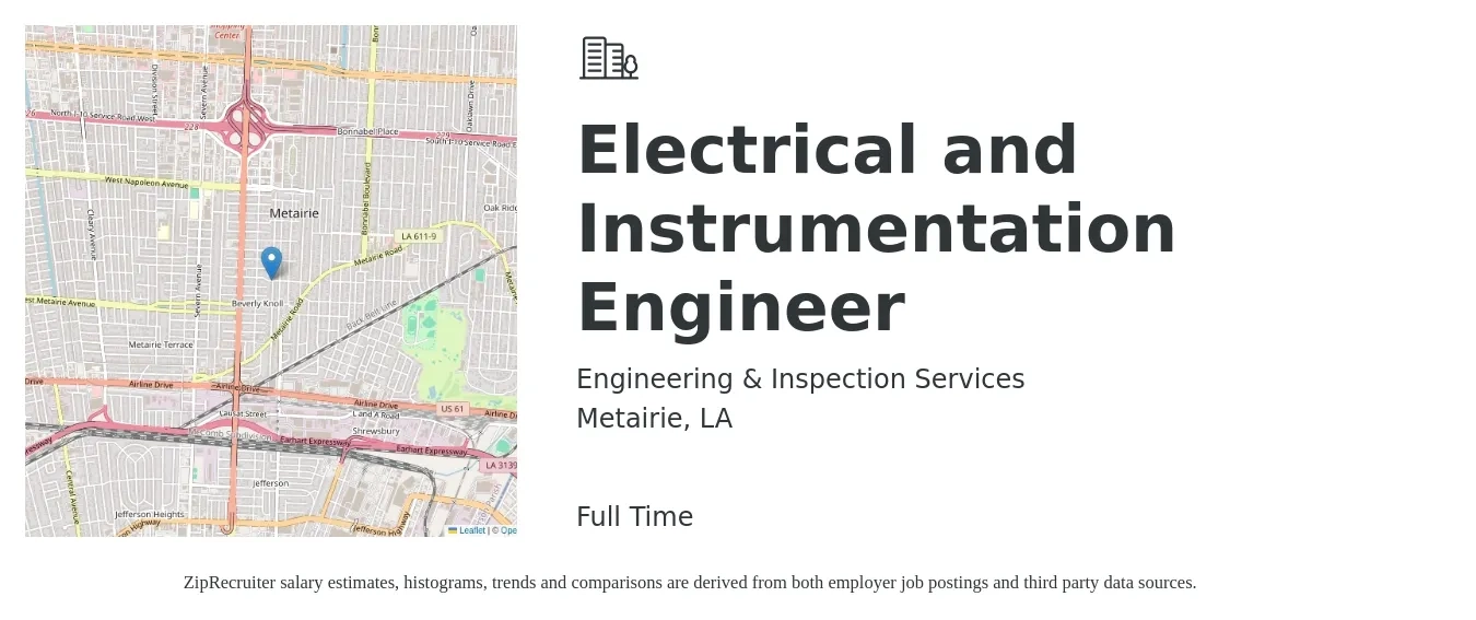 Engineering & Inspection Services job posting for a Electrical and Instrumentation Engineer in Metairie, LA with a salary of $83,400 to $115,800 Yearly with a map of Metairie location.