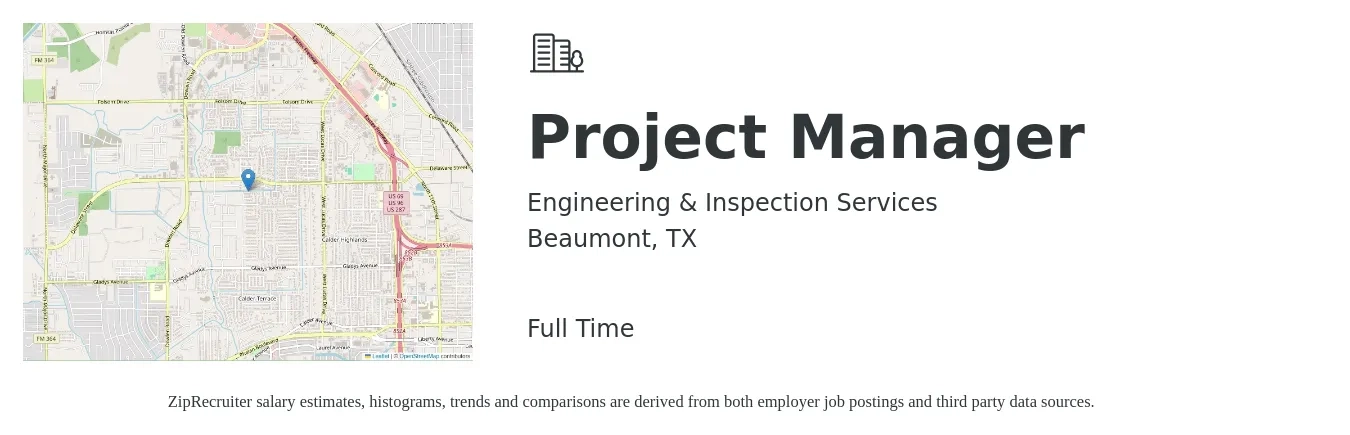 Engineering & Inspection Services job posting for a Project Manager in Beaumont, TX with a salary of $75,200 to $117,800 Yearly with a map of Beaumont location.