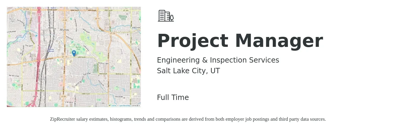 Engineering & Inspection Services job posting for a Project Manager in Salt Lake City, UT with a salary of $76,000 to $119,000 Yearly with a map of Salt Lake City location.