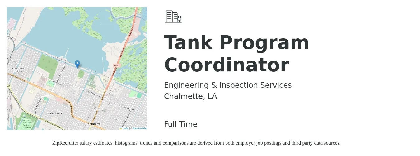 Engineering & Inspection Services job posting for a Tank Program Coordinator in Chalmette, LA with a salary of $41,600 to $61,900 Yearly with a map of Chalmette location.