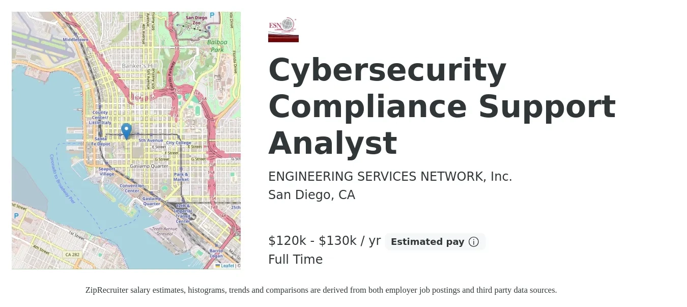 ENGINEERING SERVICES NETWORK, Inc. job posting for a Cybersecurity Compliance Support Analyst in San Diego, CA with a salary of $120,000 to $130,000 Yearly with a map of San Diego location.