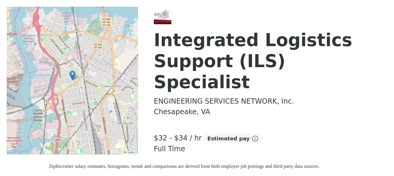 ENGINEERING SERVICES NETWORK, Inc. job posting for a Integrated Logistics Support (ILS) Specialist in Chesapeake, VA with a salary of $70,000 to $75,000 Yearly with a map of Chesapeake location.