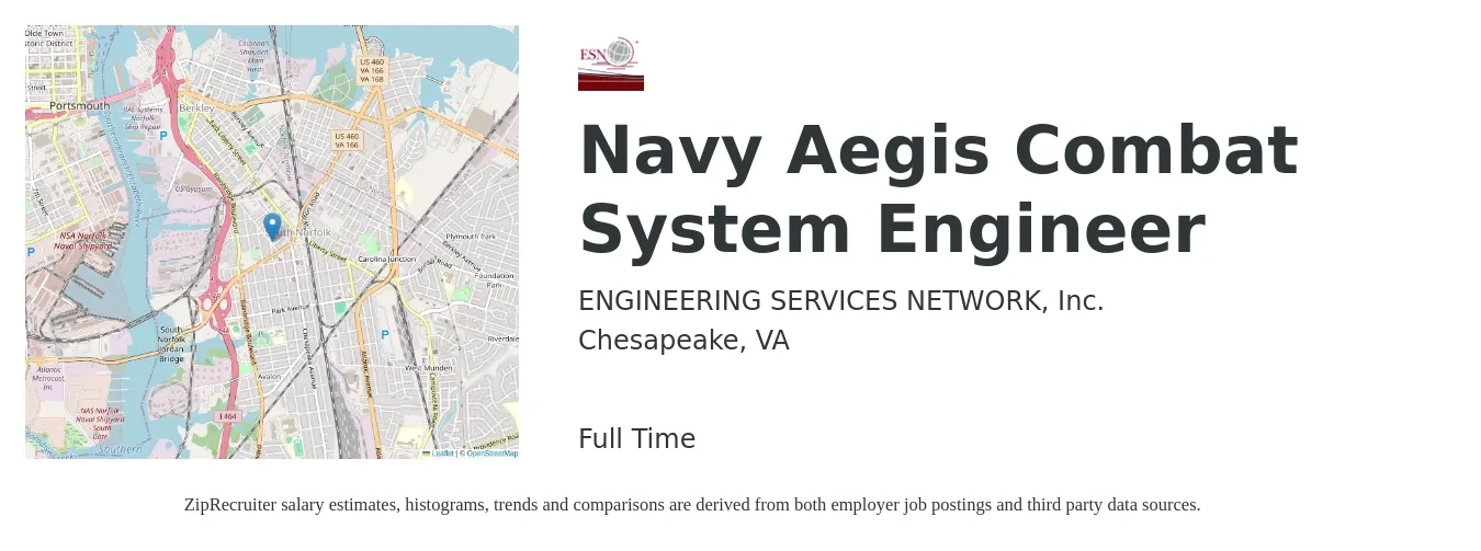ENGINEERING SERVICES NETWORK, Inc. job posting for a Navy Aegis Combat System Engineer in Chesapeake, VA with a salary of $95,000 to $105,000 Yearly with a map of Chesapeake location.