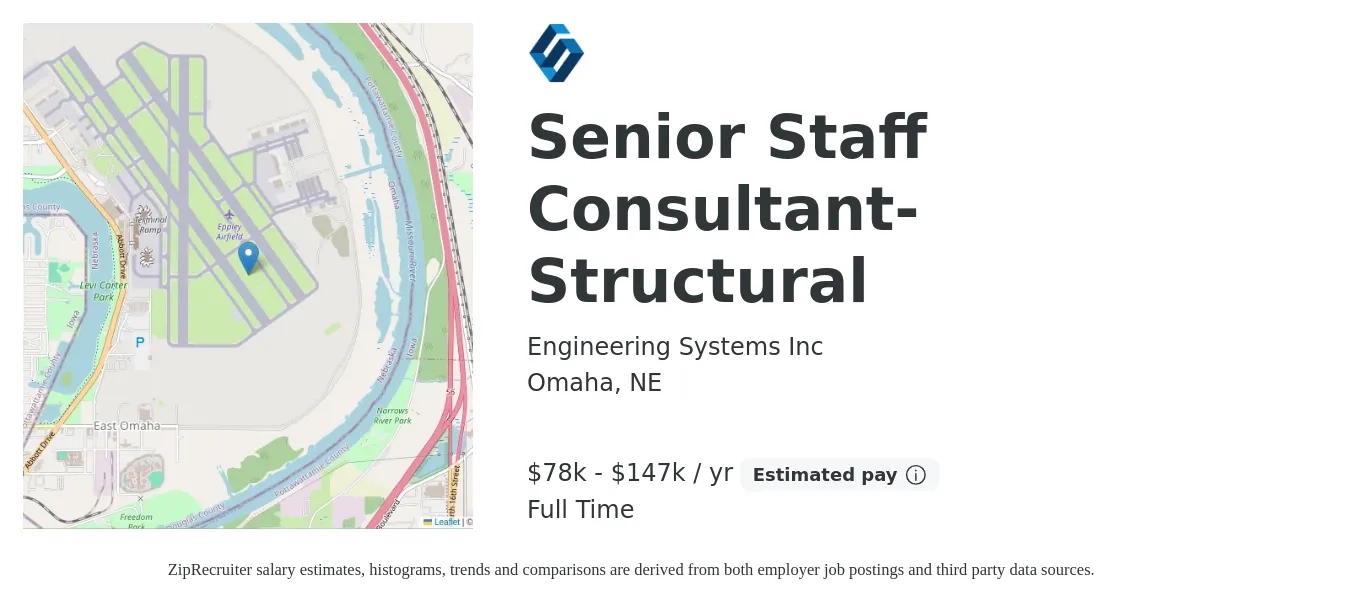 Engineering Systems Inc job posting for a Senior Staff Consultant- Structural in Omaha, NE with a salary of $78,750 to $147,000 Yearly with a map of Omaha location.